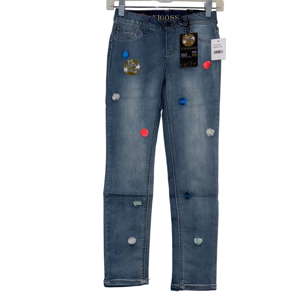 Vigoss Girls Size 10 Medium Vintage Stretch Denim Jeans With Pom-Pom Details